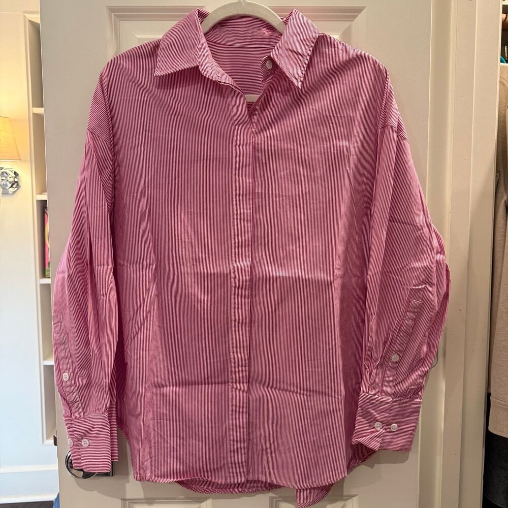 Daily Drills Poplin Button Down Pink Stripe size XS/S Oversized Beach Cover Up